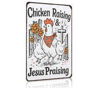 Funny Chicken Sign Raising Jesus Praising Vintage Tin for Home Farm Chicken-Coop Kitchen Garden Yard Decor 8X12 Inch (3938)