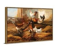 Funny Chicken Wall Art Framed Prints Country Farm Animals Canvas Pictures for Kitchen Dining Room Cabin Home Decor 12x16", Watercolor Colorful Roosters Wall Paintings Vintage Artwork Ready To Hang