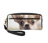 Funny Chihuahua Printed Leather Makeup Bags with Wrist Strap Portable Travel Toiletry Bag Cosmetic Organizer Bag for Women