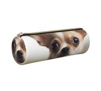 Funny Chihuahua Printed Leather Pencil Case Cute Stationery Organizer Round Makeup Bag Pen Pouch, Gold Zipper