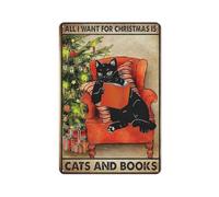 Funny Christmas Black Cat Decor All I Want for Christmas Is Cat And Books Vintage Metal Tin Sign Home Bar Kitchen Coffee Man Cave Garage Wall Decor Art Tin Sign 5.5x8 Inch