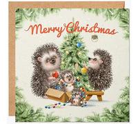 Funny Christmas Card for Family Members and Friends - Cute Xmas Card with Hedgehogs and Christmas Tree. Special Cards for Grandma, Grandad, Mum and Dad