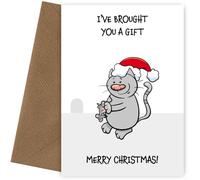Funny Christmas Card from Cat - Brought You a Gift! (mouse) A Fun card for a mum or dad. Send Xmas wishes and greetings with a from the cat Christmas card