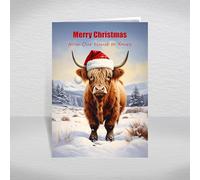 Funny Christmas Card from Our House to Yours, Friends, Family, Neighbours - Humourous Scottish Highland Cow in a Santa Hat, A5 Greeting Card & Special Verse: From Our House to Yours Christmas Card
