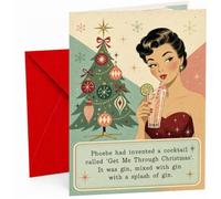 Funny Christmas Card Gin Cocktail Lady and Retro Tree | Large A5 Card with Printed Christmas Verse; Gin Cocktail Lady and Retro Tree for Christmas
