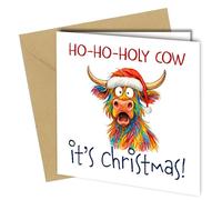 Funny Christmas Card - “Ho-Ho-Holy Cow It’s Christmas!” - Cute Highland Cow Design - Humorous Holiday Greeting Card for Friends, Family, Cow Lovers - cb018