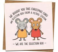Funny Christmas Card - Petrol Station Selection Box Joke with Cute Mice - 145mm x 145mm - Kraft Envelope Included - Humorous Xmas Greeting for Friends & Family