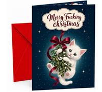 Funny Christmas Card with Kitten and Mistletoe