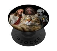 Funny Christmas Cat Selfie Bigfoot an Alien & Jesus Meme PopSockets Adhesive PopGrip
