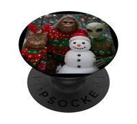 Funny Christmas Cat Selfie with Bigfoot Alien & Snowman PopSockets Adhesive PopGrip