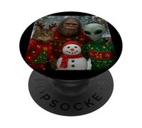 Funny Christmas Cat Selfie with Bigfoot Alien & Snowman PopSockets Adhesive PopGrip