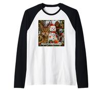 Funny Christmas Cat Selfie with Bigfoot Alien & Snowman Raglan Baseball Tee