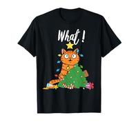 Funny Christmas Cat What? Joke Pushing Xmas Tree Lights T-Shirt