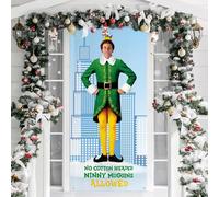 Funny Christmas Door Cover, No Cotton Headed Ninny Muggins Allowed Porch Sign for Outdoor Decorations, Buddy The Elf Photo Booth Background Banner, Elf Party Decor Supplies, 70.8x35 Inch