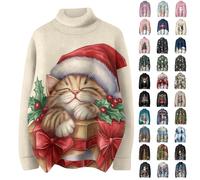 Funny Christmas Graphic Print Long Sleeve Pullover Tops for Women - Casual Turtleneck Xmas Sweatshirts Winter