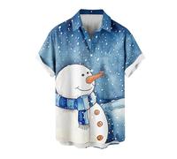 Funny Christmas Hawaiian 3D Print T-Shirt for Men - Santa Claus Button Down Short Sleeve Tops With Snowflakes - Front-Pocket Lapel Cotton Pullover