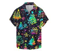 Funny Christmas Hawaiian Shirt for Men - Xmas 3D Print T-Shirt with Santa Claus & Snowflakes - Cotton Pullover with Front Pocket & Lapel - Short Sleeve Tops