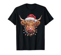 Funny Christmas Highland Cow Santa Hat Holiday Lights T-Shirt