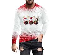 Funny Christmas Jumper Men UK Clearance Wine Glass Sweatshirt Xmas Funny Snowman Pullover Long Sleeve Tshirts Crew Neck Sweater Snowflakes Shirts Slim Fit Blouses Merry Christmas T-Shirt Gift