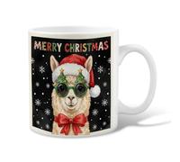 Funny Christmas Llama Quote Ceramic Coffee Mug 11oz | Santa Hat, Drinking Cup, Red Bowtie, Tree-shaped Sunglasses, Snowy Background, Fanciful Animal Illustration