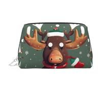 Funny Christmas Moose Head Print Leather Cosmetic Pouch, Leather Makeup Bag for Purse with Top Zip Closure Stylish Toiletry Bag