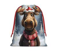 Funny Christmas Moose Print Drawstring Gift Bag With Pull Cord Closure For Gifting And Storage