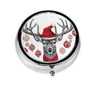 (Funny Christmas Moose) Round Pill Box with 3 Compartments Small Portable Pill Organizer for Travel