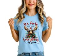 Funny Christmas Moose Womens Graphic T-Shirt Its Fine Im Fine Everything is Fine Holiday Tee XL (18-20) Sky Blue