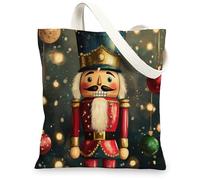 Funny Christmas Nutcracker Canvas Tote Bag for Shopping 13 * 15, Fun Xmas Tree Balls Reusable Grocery Bag for Women, Winter Work Travel Painting Gift Decor