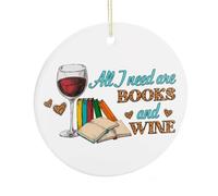 Funny Christmas Ornaments for Tree, All I Need Are Books And Wine Porcelain Keepsake Double-Sided Printed, Winter Holiday Party Decoration, Xmas Gifts for Drinking Lover, 7.5CM