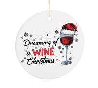 Funny Christmas Ornaments for Tree, Dreaming Of A Wine Christmas Porcelain Keepsake Double-Sided Printed, Winter Holiday Party Decoration, Xmas Gifts for Drinking Lover, 7.5CM