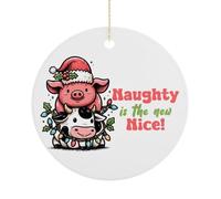 Funny Christmas Ornaments for Tree, Naughty In The New Nice Porcelain Keepsake Double-Sided Printed, Pig & Cow Winter Holiday Party Decoration, Xmas Gifts, Round 7.5CM