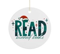 Funny Christmas Ornaments for Tree, Read Banned Books Porcelain Keepsake Double-Sided Printed, Readers Reading Winter Holiday Party Decoration, Xmas Gifts, Round 7.5CM