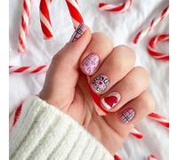 Funny Christmas Press on Nails,Cute Short Xmas False Nails with Christmas Hat and Candy Design,24PCS Unique Glossy Fake Nails with Christmas Elements for Women or Girls(Style-5)