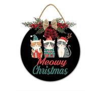 Funny Christmas Sign Meowy Christmas Cat Christmas Decorations Christmas Decorations Chrismas Welcome Wreath Sign Hanging Sign Holiday Decor for Christmas Home Window Wall Door 28X28CM