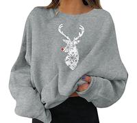 Funny Christmas Sweatshirts for Women Cute Xmas Elk Sweater Oversized Long Sleeve Crew Neck Pullover Tops Fall Fleece Jumper Plus Size Womens Christmas Sweatshirt UK
