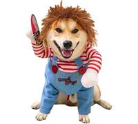 Funny Chucky Dog Halloween Costume with Wig - Scary Cosplay Outfit for Dogs with Knife Accessory (X- Large)