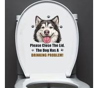 Funny Close The Lid Decal Bathroom Toilet Seat Vinyl Sticker The Dog Has Drinking Problems Sign Reminder Humor Decor Waterproof Stickers for Toilet Bathroom Washroom (Husky)