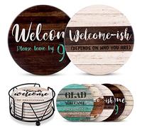 Funny Coasters - House Warming Gifts New Home - Housewarming Gifts for Women, Men, Couple, New Homeowner - Farmhouse Bar Coasters for Drinks with Holder - First Apartment Essentials