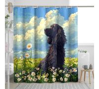 Funny Cocker Spaniel Dog Shower Curtain Set, Spring Pixel Art Daisy Chien Shower Curtain, Puppy Bathroom Accessories, Polyester Fabric Decorative -72''x78''