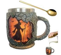Funny Coffee Mug - 386ml Campfire Container, Witch Fire Pattern, 3D Tree Bark Texture | Enamel Camping Glasses Style Gift for Friends, Colleagues, Teachers, Christmas, Adu