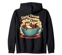 Funny Coffee Otter Design, Sippin’ Through the Chaos Zip Hoodie