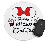 Funny Coffee Round Mouse Pad, Fueled by Iced Coffee Pattern, Stitched Edge Non-Slip