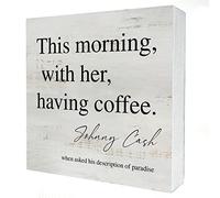 Funny Coffee Wooden Box Sign Desk Decor This morning with Her Having Coffee Wood Block Plaque Rustic Box Sign for Home Kitchen Shelf Table Decoration (5 X 5 Inch)