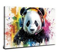 Funny Colorful Animal Wall Art Bedroom Pictures Wall Decor Nursery Wall Art Framed Abstract Watercolor Panda with Headphone Painting Poster Fantasy Creative Artwork Modern Home Decorations 12x16”
