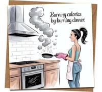Funny Cooking Birthday Card - Burning Calories by Burning Dinner - Humorous Chef/Kitchen Joke Greeting Card for Her, Women, Friends - 145mm Square - Kraft Envelope Included