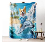 Funny Corgi Dolphin Blanket 30x40 Inch, Hilarious Dog Throw Blankets for Sofa, Tropical Ocean Surfing Fleece Blanket Cozy Lightweight Flannel Blankets, Washable Warm Soft All Season
