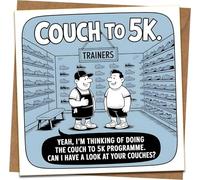 Funny “Couch to 5K” Running Joke Greeting Card, 145mm x 145mm, Blank Inside, Includes Kraft Envelope - Humorous Runner/Gym/Fitness Birthday or Good Luck Card for Him or Her