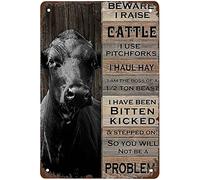 Funny Cow Beware I Raise Cattle I Use Pitchforks I Haul Hay Nostalgic Tin Sign Kitchen Restaurant Bar Pub Shop Office Cafe Garage Country Farm Wall Decor 8x12 Inch Metal Sign