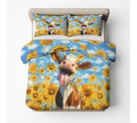Funny Cow Double Bed Duvet Cover Set 3 Piece with 2 Pillowcases, Sunflower Animal Farmhouse Patterned Bedroom Decor Bedding, Soft Microfibre Quilt Cover with Zip A&F93